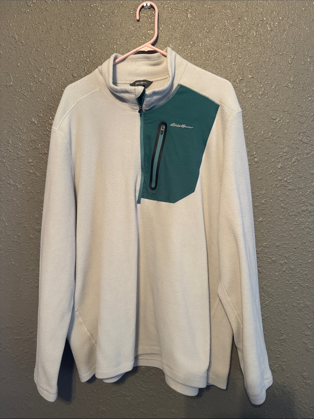 Eddie Bauer Men’s Off-White Fleece Half-Zip with Teal Chest Panel